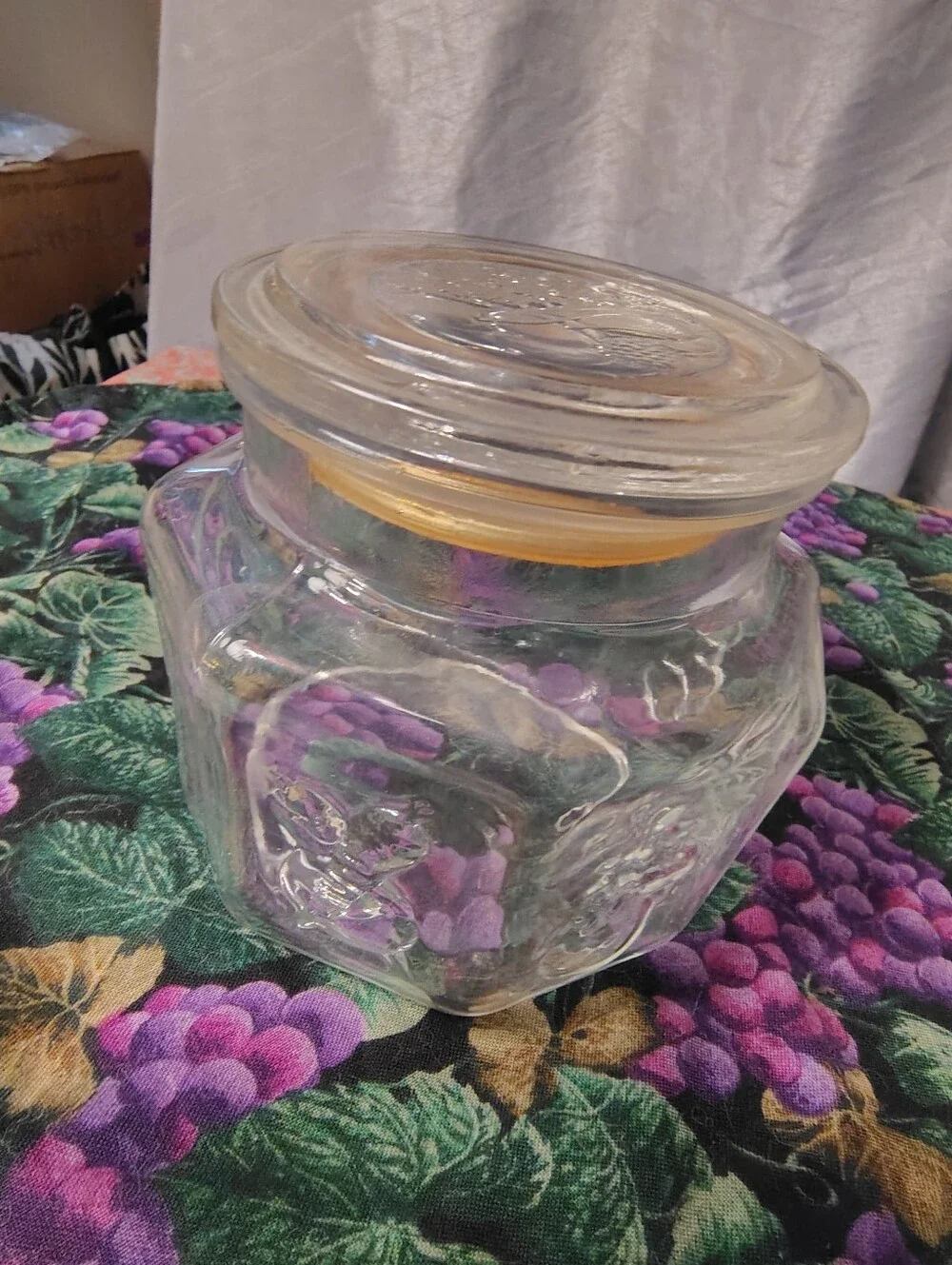 Vintage Embossed Grape Hexagon Glass Canister Jar with Lid